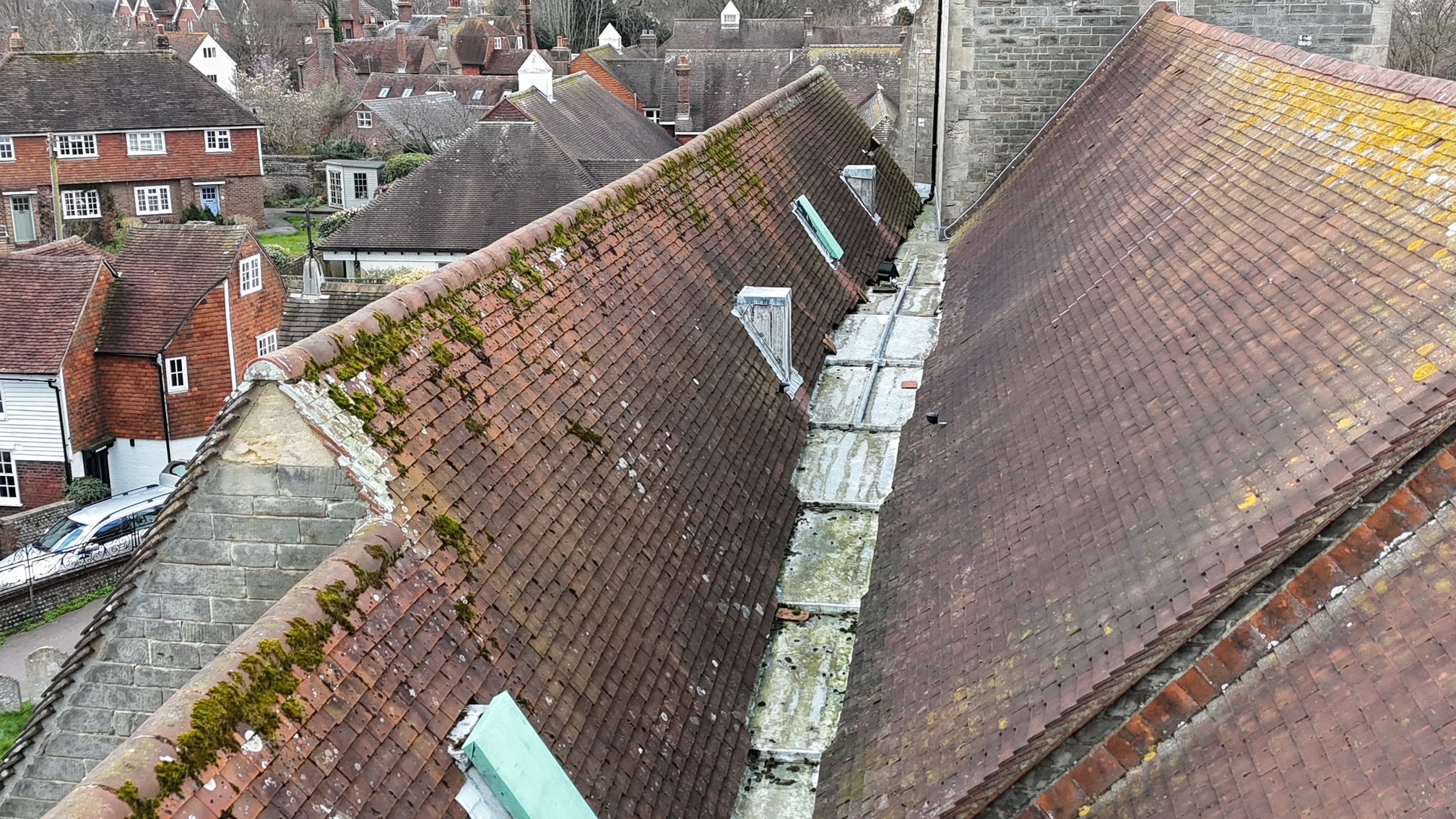 Drone photo of a church roof gulley